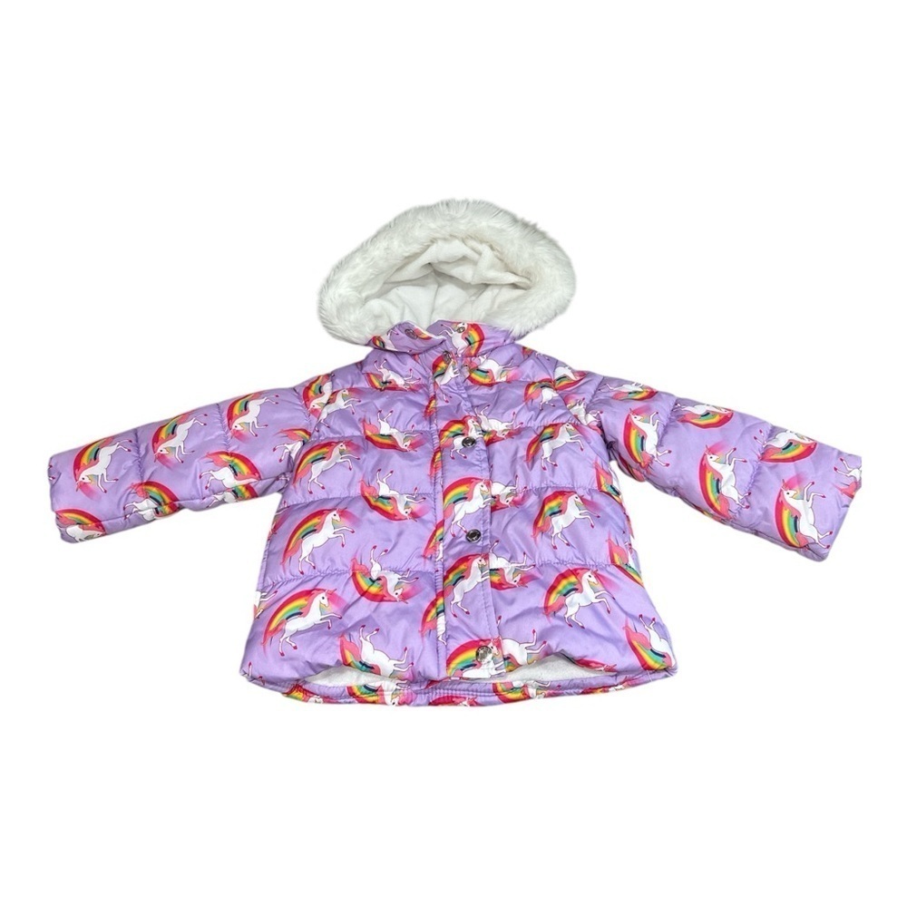 Carters Toddler 2T Purple Unicorn & Rainbows Fur Lined Hooded Puffer Jacket